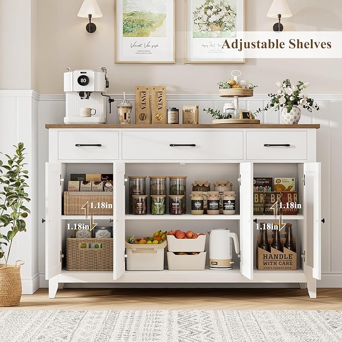HORSTORS 55" Buffet Cabinet, Modern Farmhouse Sideboard Buffet with Drawers, Large Kitchen Storage Cabinet with Adjustable Shelves, Wood Coffee Bar for Kitchen, Dining Room, Living Room, White