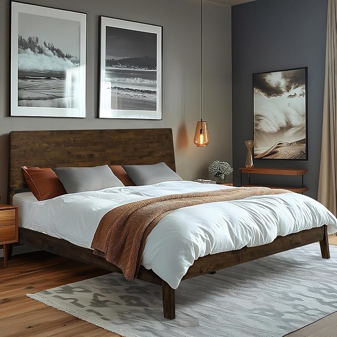 Acacia Serenity King Size Bed Frame, King Bed Frame with Headboard 800 lbs Capacity Natural Wood Bed All Mattress Support & No Box Spring Needed, Wood Slats Support Wooden BedFrame King, Walnut