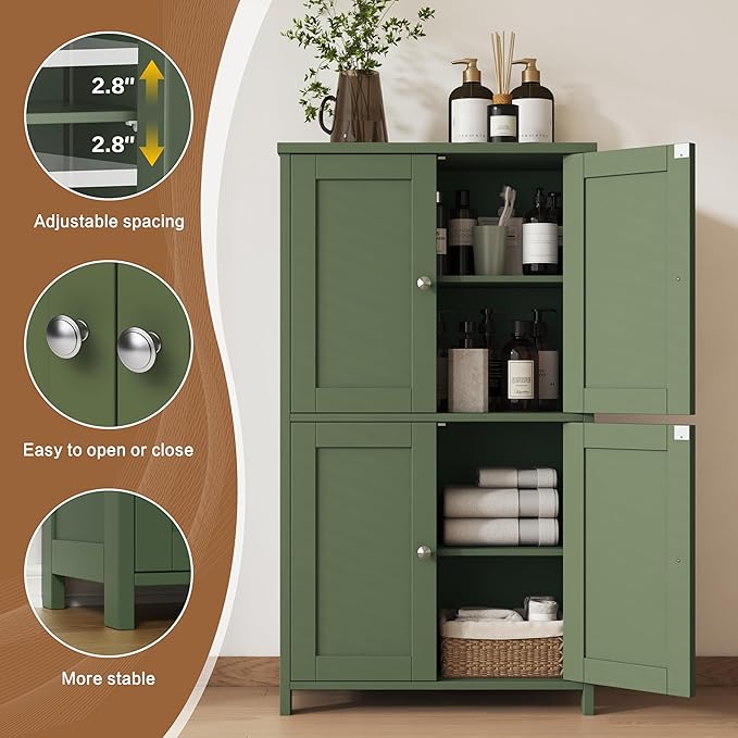 Nuturelly Bathroom Floor Storage Cabinet, Bathroom Organizers and Storage with Top Board & Metal Handles for Kitchen, Green