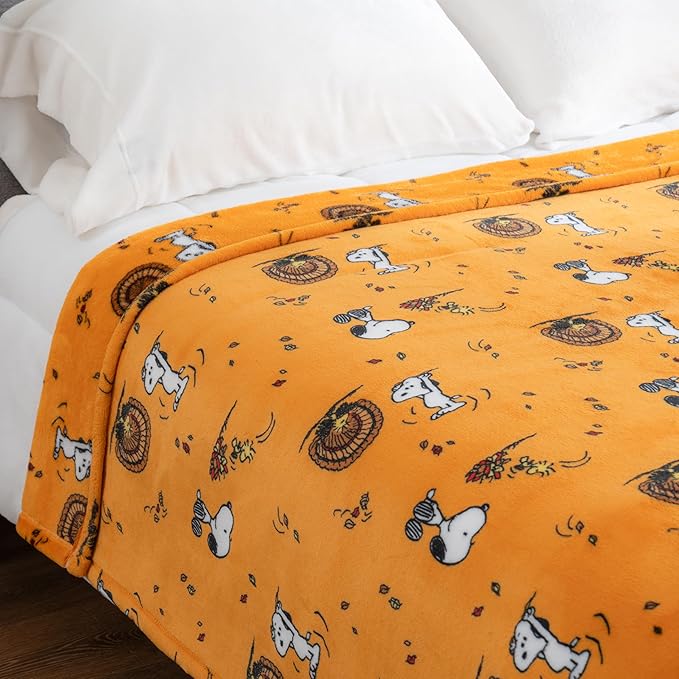 Berkshire Blanket Peanuts® VelvetLoft® Cute Character Snoopy Plush Blanket,Snoopy and Woodstock Fall Birds & Leafs Orange,King 90 in x 108 in (Official Peanuts® Product)