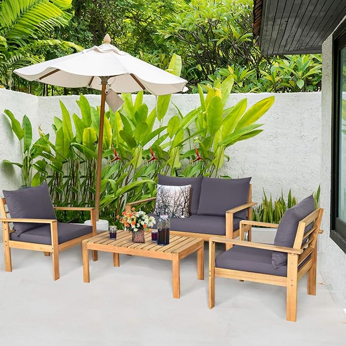 COSTWAY 8 Pieces Outdoor Acacia Wood Sofa Set, Outdoor Conversation Sofa Set with Table & Cushions Porch Chairs for Garden, Patio, Deck