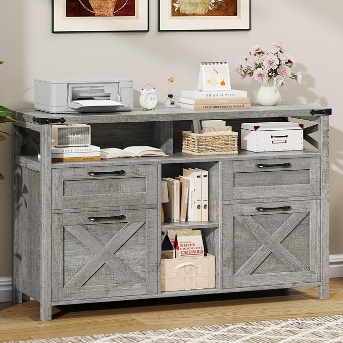Filing Organization Storage Cabinets 4 Drawer with Adjustable Shelf, Lateral Filing Cabinet with Open Storage Shelf for Home Office, Farmhouse File Cabinets for Hanging Files Letter/A4.Gray
