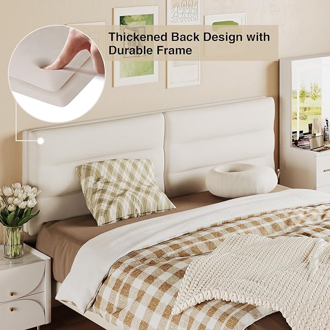 Queen Size Velvet Headboard Foldable Panels Backboard, Upholstered Full Headboard Adjustable Height from 42" to 56" Head Borad-Ivory