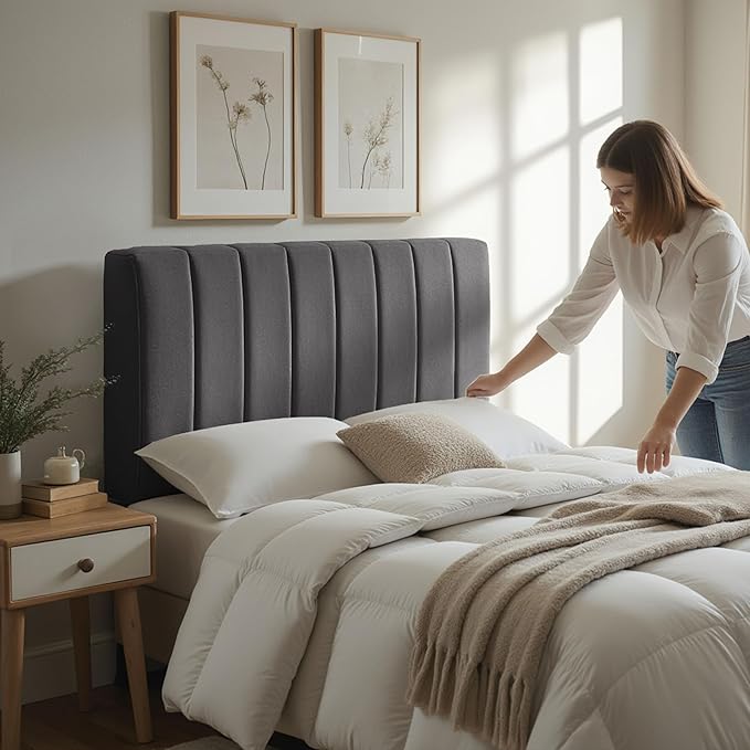 Hearth & Harbor Upholstered King Headboard - Easy Assemble Channel Stitched Headboard King Size Bed - Wall Mounted Headboards with 3D Soundproof Wall Panels Peel & Stick Floating Headboards, Grey