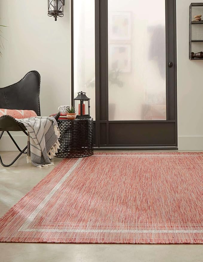 Unique Loom Outdoor Border Collection Area Rug - Soft Border (7' 10" x 10' Rectangle Rust Red/Ivory)