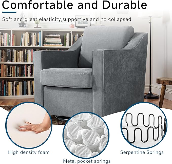 Pia Ricco 360° Swivel Accent Chair, Plush Oversized Chenille Fabric Armchair with Removable Cover for Living Room and Reception,Gary