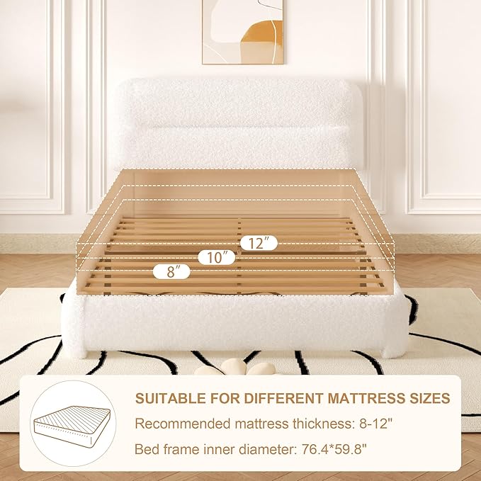 Full Size Cloud Bed Frame, Upholstered Boucle Platform Bed with Adjustable Headboard, Anti-Collision Soft Rounded Corners, Noise Free, Easy Assembly, White