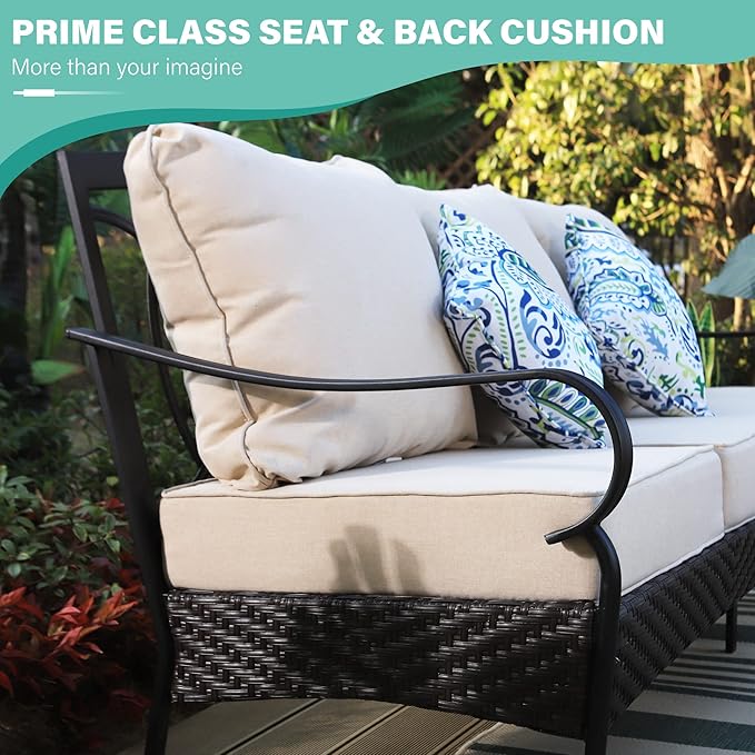MFSTUDIO Outdoor Patio Furniture Set, 3-Seat Metal Patio Conversation Sofa, Outdoor Rattan Wicker Conversation Sofa Set with Cushion for Garden Porch Poolside,450 LBS