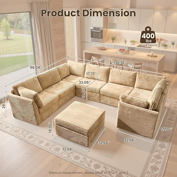 130'' Modern Modular Sectional Sofa with Ottoman, 8 Seater U Shaped Cloud Couch for Living Room, Oversized Deep Seat Convertible Sofa Set, Plush Corduroy Beige