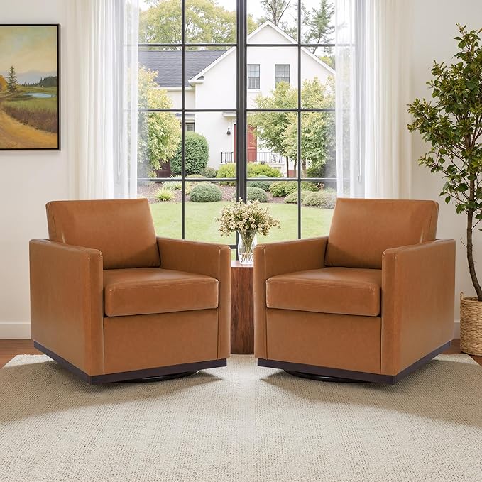 UIXE Faux Leather Swivel Accent Chair, Upholstered Armchair Comfy Club Chair for Living Room, Mid Century Modern Arm Chair Single Sofa Nook Bedroom Side Reading Seat - Light Brown