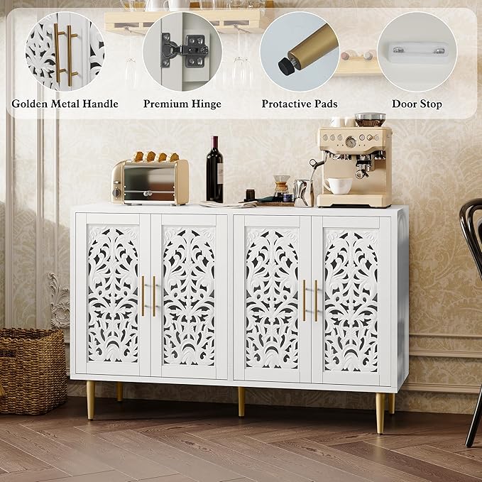 ARTPOWER 47.8" Accent Cabinet with 4 Doors, Vintage Hollow Carving Buffet Cabinet, Sideboards and Buffets with Storage, Credenza for Living Room, Kitchen, Dining Room, Entryway, Hallway, White