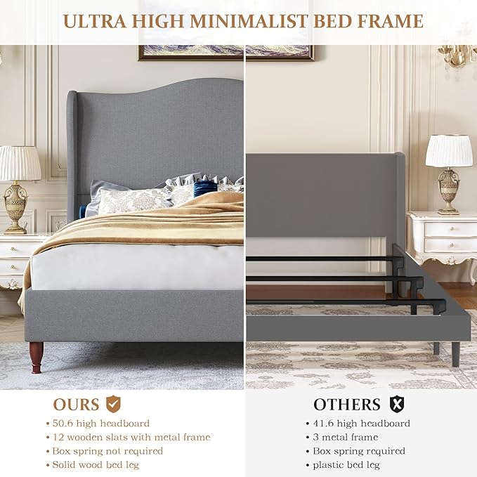 koorlian King Size Bed Frame with 51" Tall Headboard, High Upholstered Platform Bed Frames with Soft Fabric, Classic Curved Wingback & Wood Retro Legs, No Box Spring Needed/Easy Assembly, Grey