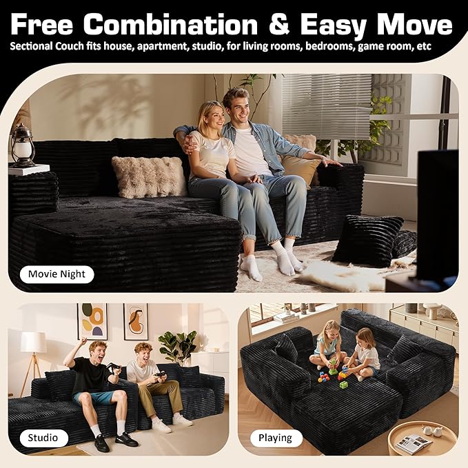 106" Cloud Sectional Couch with Chaise Lounge,L Shaped Modular Modern Sofa,Comfy Corduroy Fluffy Sofa with Deep Seat,No Assembly Required Couch for Living Room(Left,Plush Corduroy,Black)