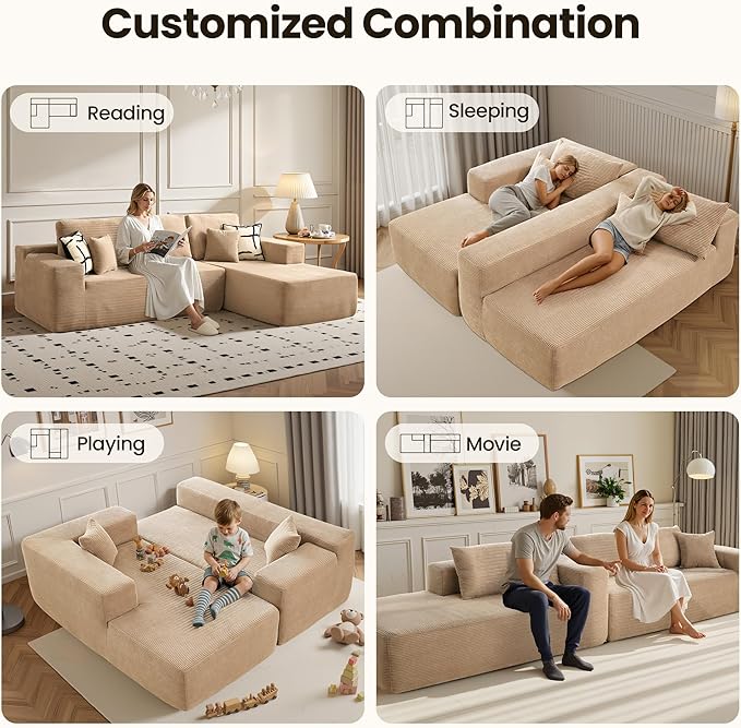 104" Cloud Sectional Couch with Chaise, Boneless L-Shaped Cloud Couch with Deep Seat, Corduroy Modern Minimalist Sofa, Assembly Free Comfy Sofa for Office Living Room Apartment(Camel, Right Chaise)