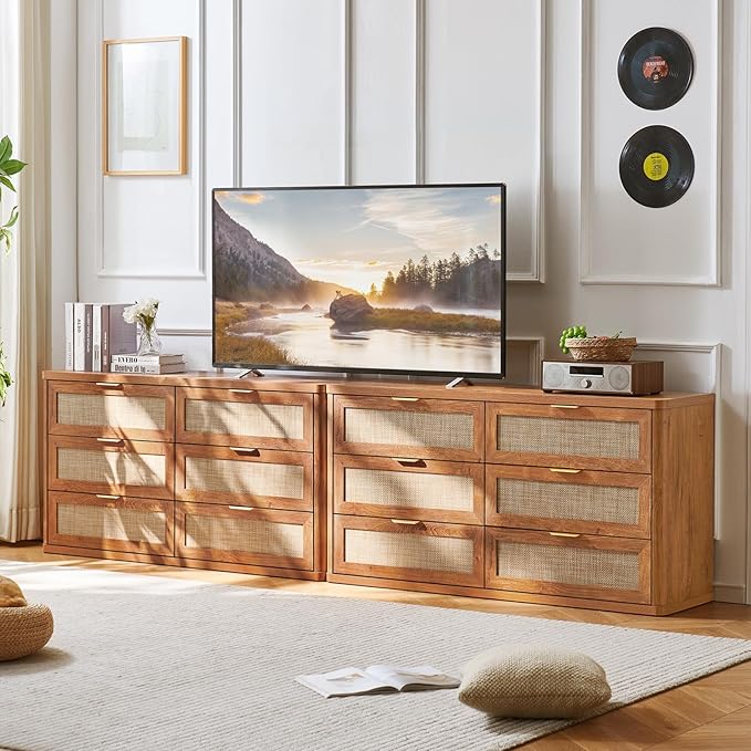 LEYAOYAO Rattan 6 Drawer Dresser for Bedroom Set of 2, 54" Wide Boho Chest of Drawers, Wooden Dressers TV Stand with Metal Handle, Storage Closet Organizer for Living Room, Hallway, Tea Brown