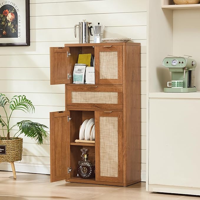 LEYAOYAO 48" Tall Storage Cabinet Set of 2,Rattan Bathroom Floor Cabinets with 4 Doors & 1Drawer,Boho Kitchen Pantry with Adjustable Shelves,Wooden Cupboard for Living Room,Home Office,Brown