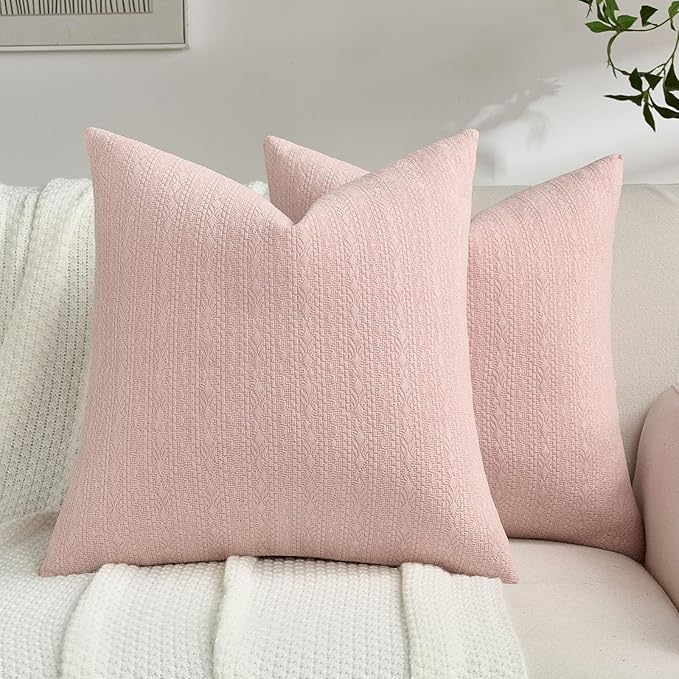 FUTEI Pink Chenille Throw Pillow Covers 24x24 Inch Set of 2,Soft Striped & Diamond Textured European Cushion Cases,Modern Home Decor for Couch Living Room