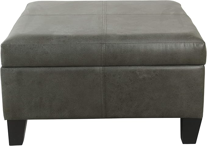 HomePop Faux Leather Square Storage Ottoman with Wood Legs, Pewter Gray