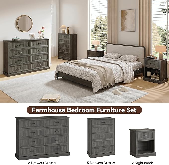 Farmhouse Dresser and Nightstand Sets, 4Pcs Bedroom Furniture Set, Nightstand Set of 2 & 55" Wide 8 Drawer and 44" Tall 5 Drawer Dresser with Large Drawers & Bar Handles, Grey