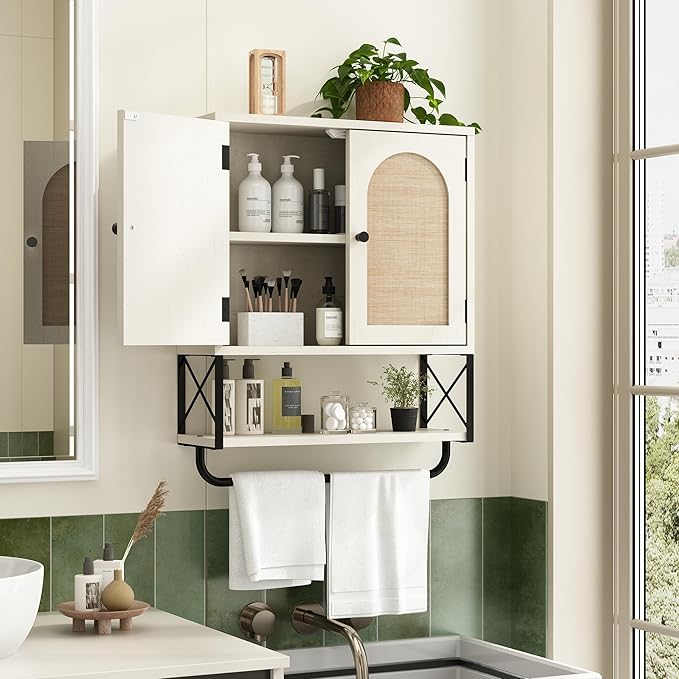 RUSTOWN Rattan Bathroom Wall Cabinet, Boho Over The Toilet Storage Cabinet with Arched Rattan Doors, Modern Medicine Cabinet with Adjustable Shelves & Towel Bar (Vintage White, Medium)