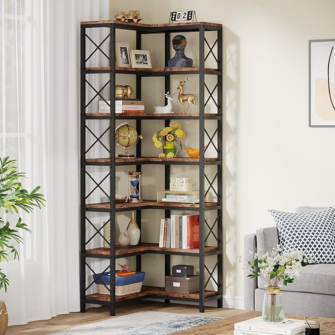 Tribesigns 7-Shelf Corner Bookshelf,Large Modern Corner Bookcase, 7-Tier Tall Corner Shelf Storage Display Rack with Metal Frame for Living Room Home Office (Rustic Brown)