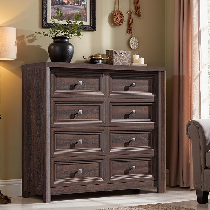 Farmhouse 8 Drawer Dresser for Bedroom, 41" Tall Wood Chest of Drawers, 43.3" Wide Dresser TV Stand, Storage Closet Drawer Organizer for Bedroom, Walnut