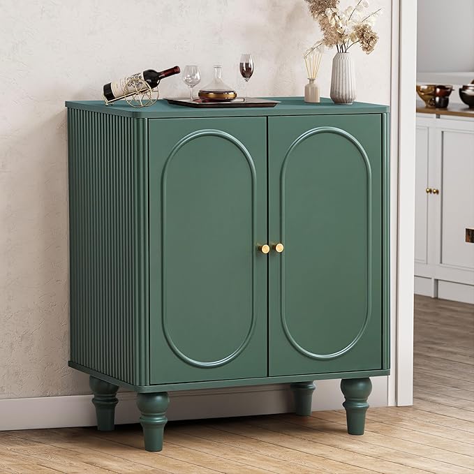ORRD Fluted Storage Cabinet, Modern Credenza Wooden Accent Sideboard Buffet Cabinet with Adjustable Shelves and Solid Wood Legs, Console Table for Kitchen Dining Living Room Entryway, Green