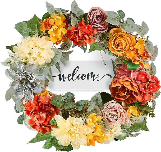 VEVOR Spring Wreath for Front Door 24 Inch - Artificial Hydrangea Year-Round Wreath with Welcome Sign, All Season Outdoor Indoor Decor for Home Wall Window
