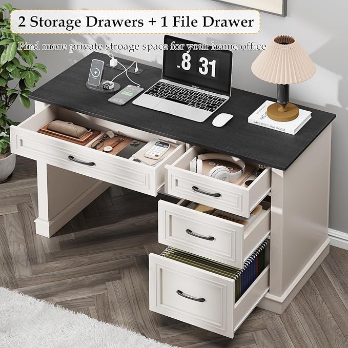 Farmhouse 47" Executive Desk, Computer Desk with Drawers and File Drawer, Workstation Computer Desk with Charging Station for Home Office, Study,Black.