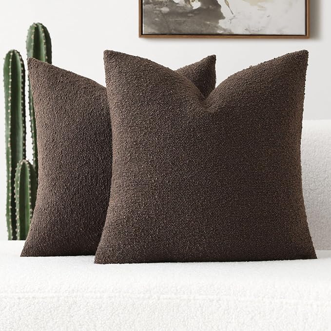 FUTEI Pack of 2 Dark Coffee Decorative Throw Pillow Covers 26x26 Inch Soft Cozy Solid Boucle Textured Euro Pillow Shams,Modern Home Decor for Couch Bed Living Room