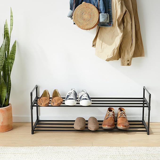 SONGMICS Shoe Rack, 2-Tier Shoe Organizer, Metal Storage Shelf, Upright or Upside Down, for 12-15 Pairs, Stackable, for Entryway, 11.8 x 36.2 x 13.4 Inches, Black ULSA12BK