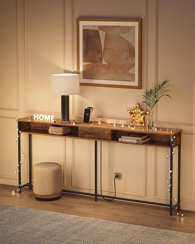 VASAGLE 55.1-Inch Console Table with Outlet and Shelves, Sofa Table with Charging Station, Behind Couch Table Skinny, Entryway Table for Hallway, Living Room, Rustic Brown and Ink Black ULNT120K01