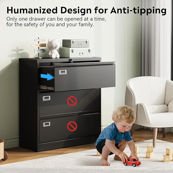 DEVAISE 3 Drawer Lateral File Cabinet with Lock, Metal Filing Cabinets for Home Office, 16" D x 35" W x 40.5" H Wide Storage Organization for Hanging Files Letter/A4/Legal/F4 Size, Black