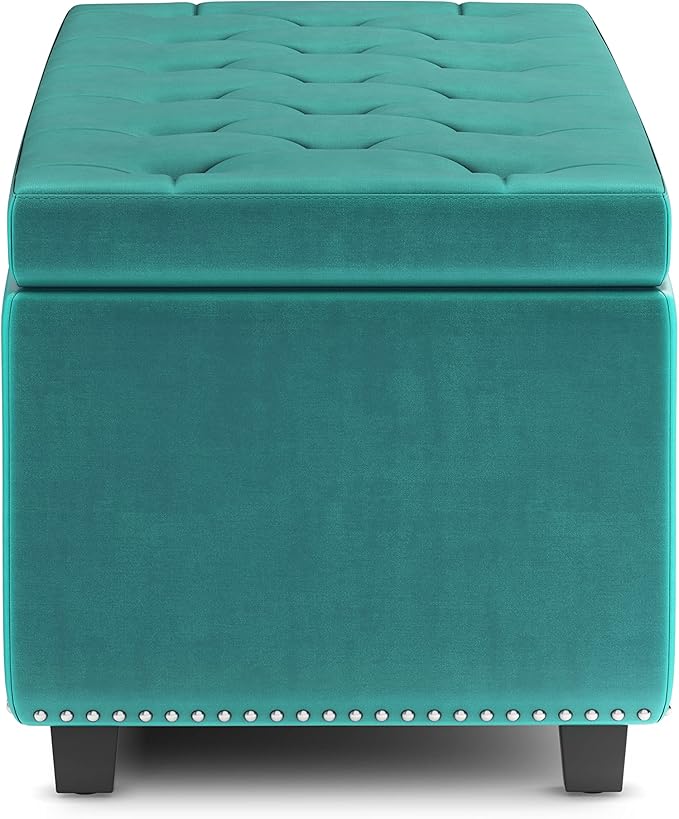 SIMPLIHOME Hamilton 48 inch Wide Traditional Rectangle Storage Ottoman in Aqua Blue Velvet Fabric, Assembled for the Living Room, Entryway and Family Room
