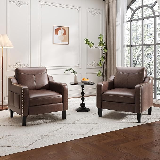 PU Leather Accent Chair Set of 2, Mid-Century Modern Living Room Armchair Sofa with Removable Cushions & Stitched Armrest Design, Bedroom Chair with Plastic Legs, Chocolate Brown