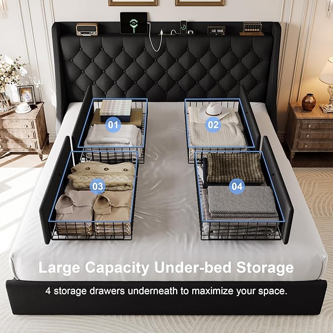 King Size Upholstered Platform Bed Frame with 4 Storage Drawers and Charging Station, Linen Button Tufted Wingback Headboard, Sturdy Wooden Support Slats, No Box Spring Needed, Black