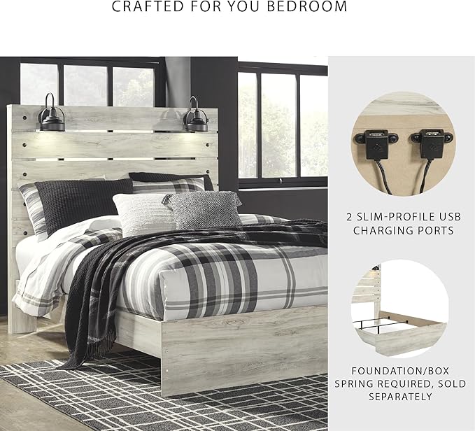 Signature Design by Ashley Cambeck Farmhouse Queen Panel Bed with LED Sconce Lights and USB Charging Ports, Open Slat Styling, Foundation or Box Spring Needed, Wood, Whitewash Finish