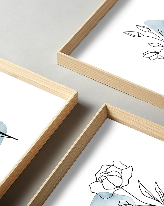 HesenDot Framed Blue Floral Canvas Wall Art,Minimalist Botanical Wall Art Decor,12x16IN Wood High Framed Prints,Boho Flowers Artworks Prints Posters for Living Room,Kitchen,Bedroom Set of 3