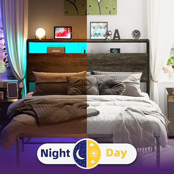 Full Sized Headboard with 2 Tiers Storage Shelves, Sturdy and Stable Headboard with Charging Station, USB Ports and LED Light for Full Bed Frame, Black Oak