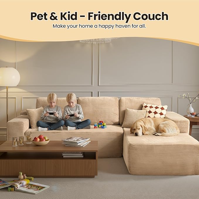 104" Cloud Sectional Couch with Chaise, Boneless L-Shaped Cloud Couch with Deep Seat, Corduroy Modern Minimalist Sofa, Assembly Free Comfy Sofa for Office Living Room Apartment(Camel, Right Chaise)