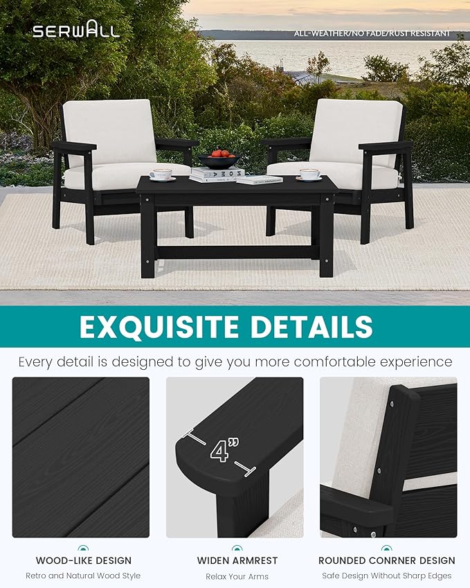 SERWALL HDPE Outdoor Couch, Black Frame and Khaki Cushion