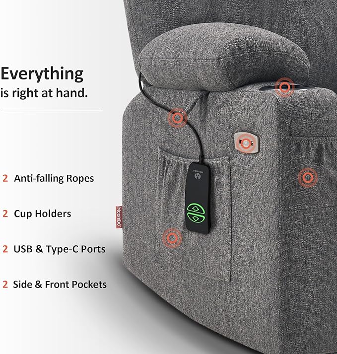MCombo Small Power Lift Recliner Chair for Elderly, Petite Power Lift Chair with Heat and Massage for Seniors, Cup Holders, USB & Type C Ports, Fabric 7141 (Grey)