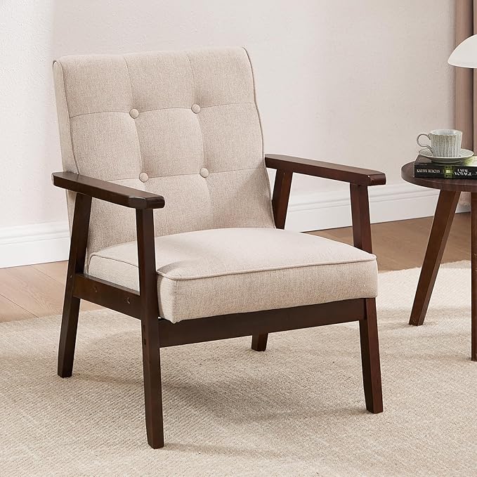 ANJ Mid Century Modern Accent Chair, Armchair for Living Room & Bedroom, Tufted Fabric Upholstered Side Chair with Solid Wood Legs, Comfortable Single Seater Reading Chair, Beige
