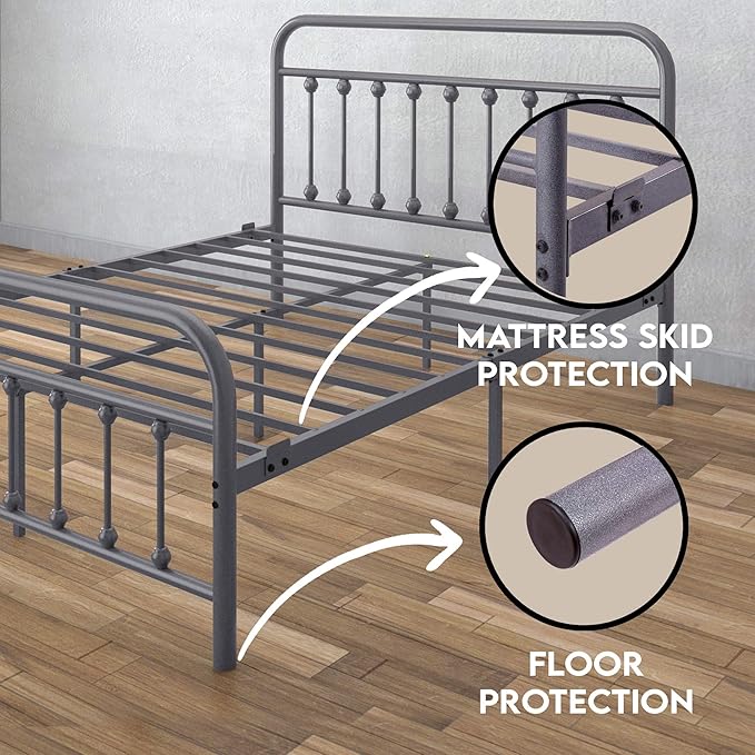 Golden Gate Beds Vintage Style Metal Bed Frame with Wrought Iron Headboard and Footboard, Classic Platform Bedframe Storage, No Box Spring Needed, Mattress Foundation, Silver, Queen Size