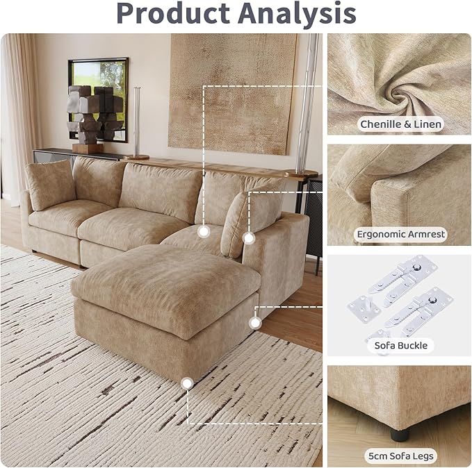 Cloud Sectional Couches for Living Room,100.5" Convertible L Shaped Couch with Ottoman, 4 Seater Modular Sectional Sofa,Deep Seater Furniture Sets,Khkai