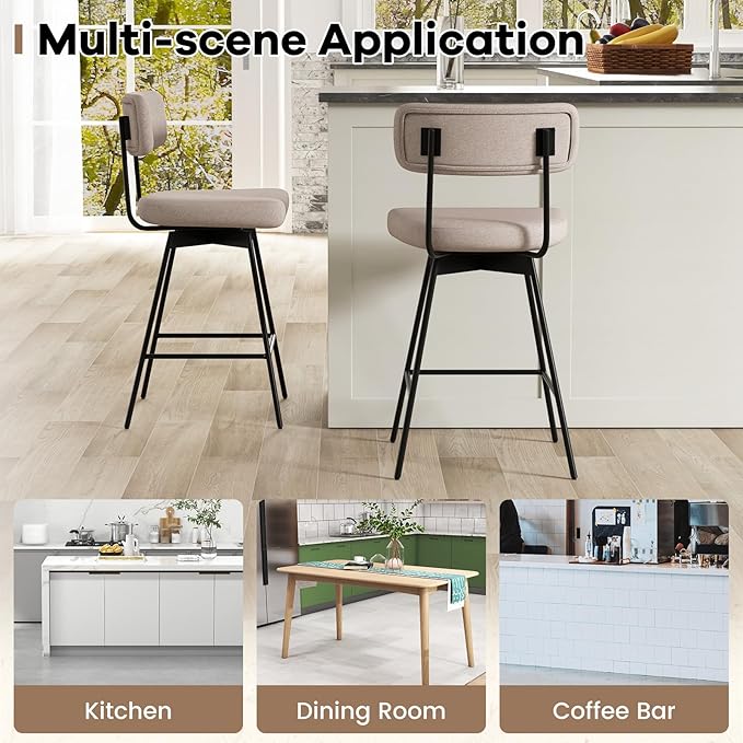 COSTWAY Bar Stools Set of 2, 25” Upholstered Counter Height Bar Stools with Back, 360° Swivel Dining Chairs with Heavy-Duty Metal Legs and Footrests, for Kitchen Island, Dining Room, Bar (2, Beige)