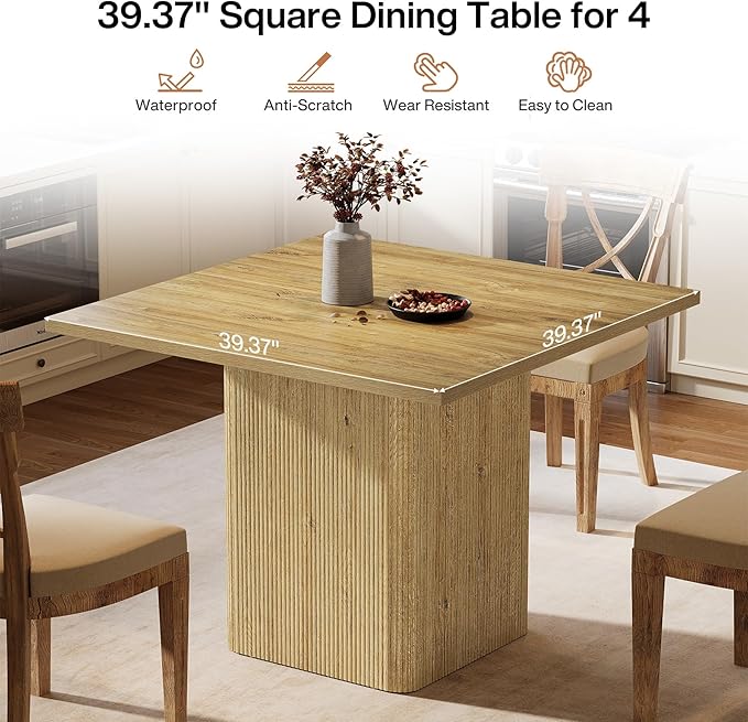 Tribesigns 39-Inch Square Dining Table for 4, Small Fluted Kitchen Table with Sturdy Pedestal, Farmhouse Wooden Dinner Table for Dining Room, Living Room, Kitchen, Small Space, Natural