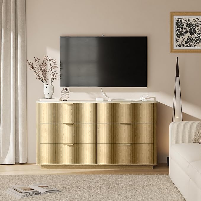 Fluted 6 Drawers Dresser with Charging Station, 55" Wide Modern Chest of Drawers with Faux Marble Top, Wooden Dresser TV Stand, Wood Drawer Organizer for Bedroom, Living Room, Hallway, Natural Oak