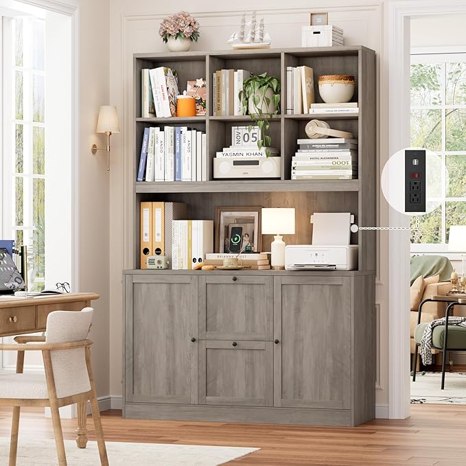 HIFIT 72'' Tall File Bookcase with Power Outlet & Printer Stand, 2 Drawer Filing Cabinets for Home Office Hanging A4 File, Storage Cabinet w/ 3 Tier Open Book Shelf & Doors for Living Room, Ash Grey