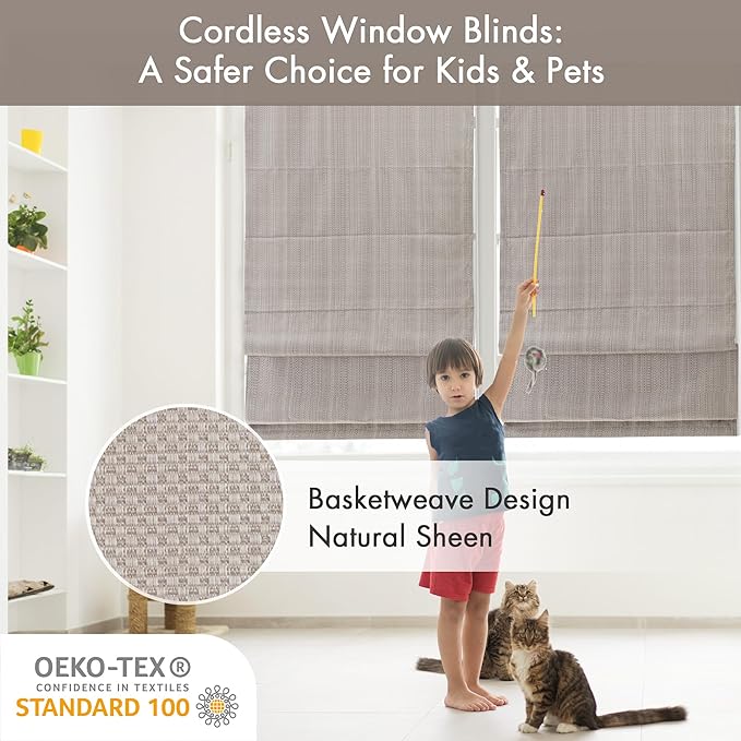 Madison Park Galen Cordless Roman Shade, 39"W x 64"H, Sheen Taupe – Room Darkening, Thermal Insulated, Energy Efficient Window Blind with Subtle Sheen Basketweave Fabric for Privacy
